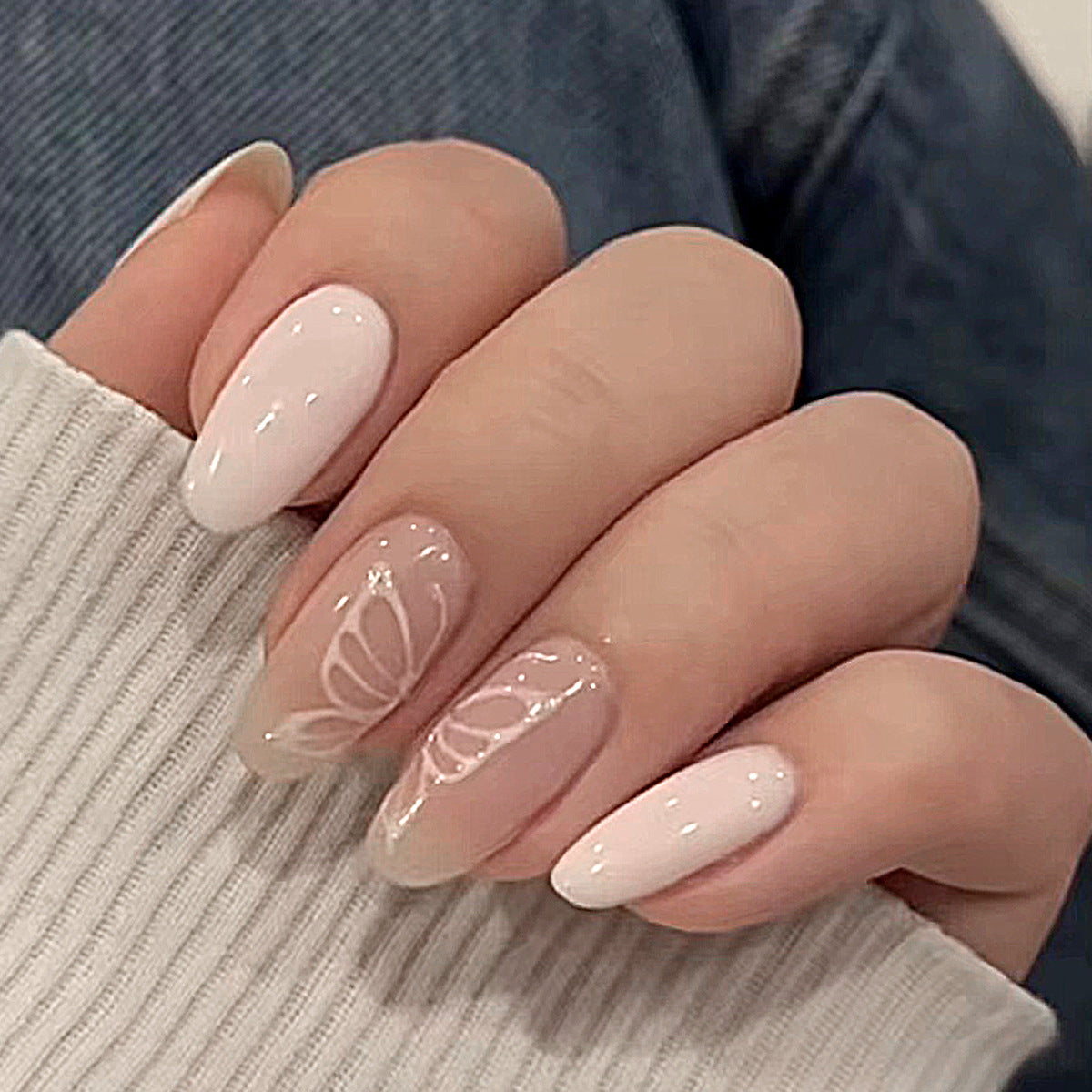 Elegant Garden Inspired Long Almond Shaped Pink and Beige Press On Nail Set with Floral Design