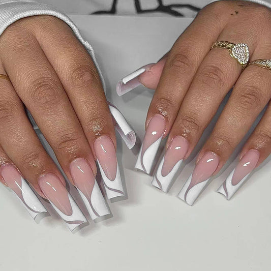 Elegant Marble Elegance Extra-Long Square White Press On Nail Set with Shimmer Accent