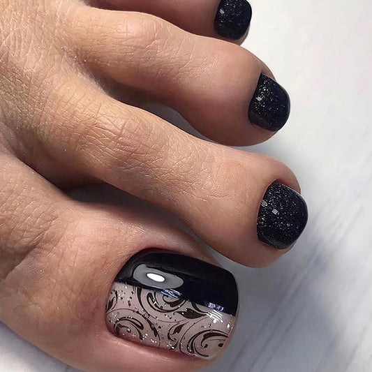 Elegant Midnight Bliss Square Short Black and Glitter Press On Nail Set with Intricate Swirl Design