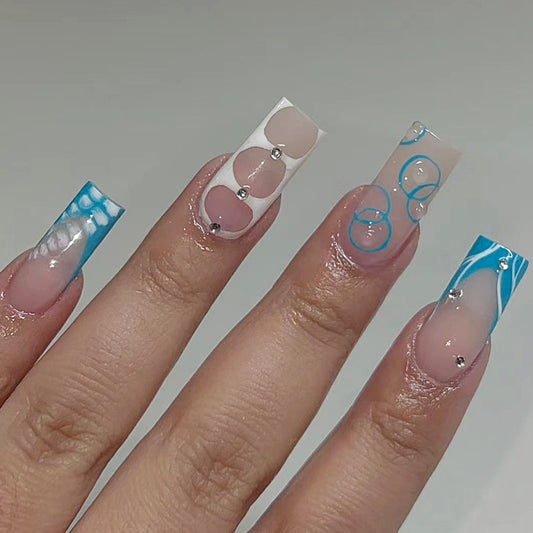 Ocean Breeze Long Square Press On Nail Set in Clear Blue and White with Dazzling Circle Accents