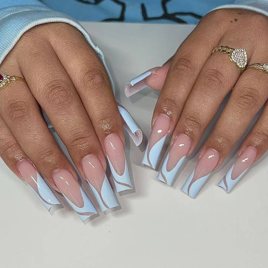 Sky Glimmer Extra Long Square Press On Nails in Baby Blue with Chic Swirl Design