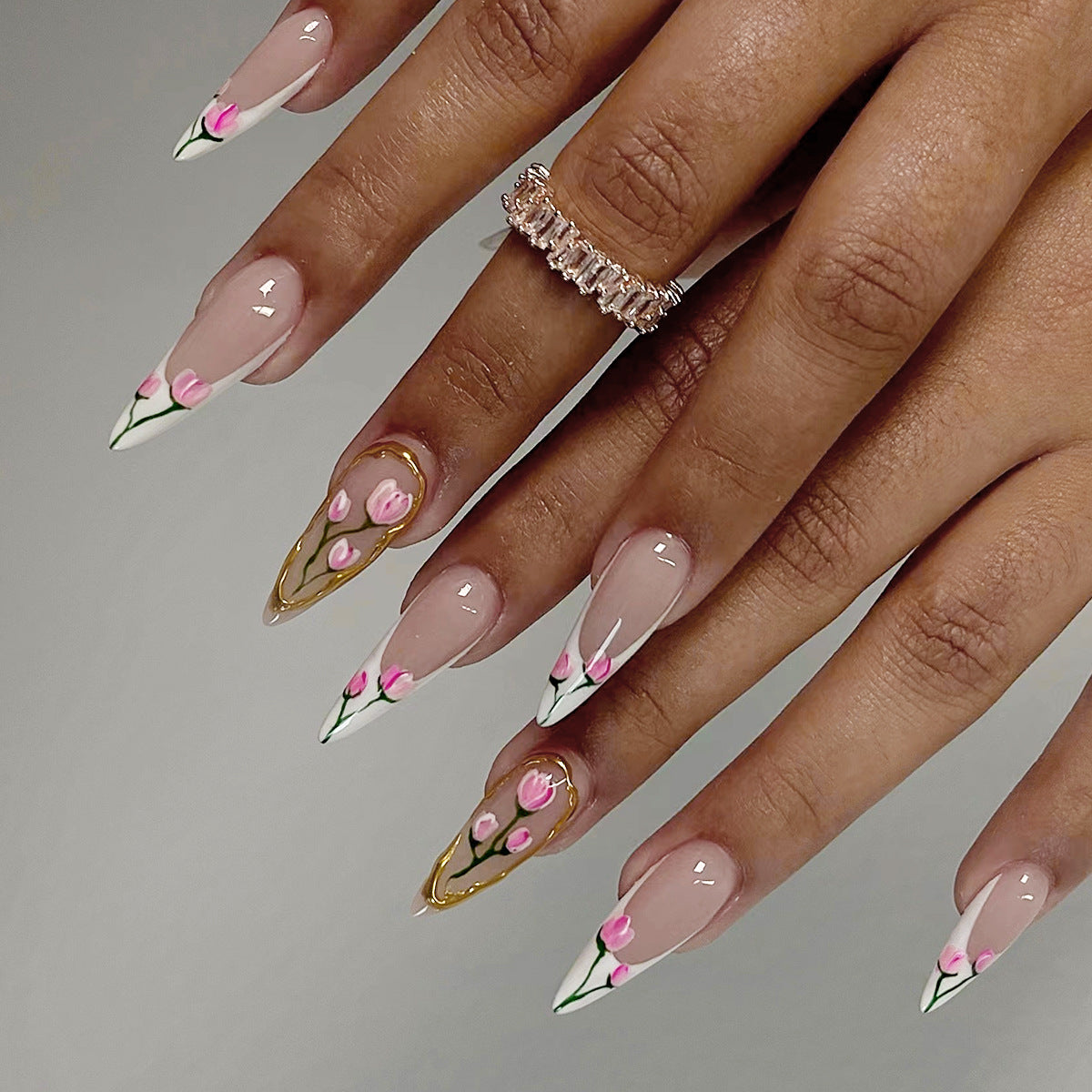 Floral Elegance Long Stiletto Pink and White Press On Nail Set with Hand-Painted Flower Designs