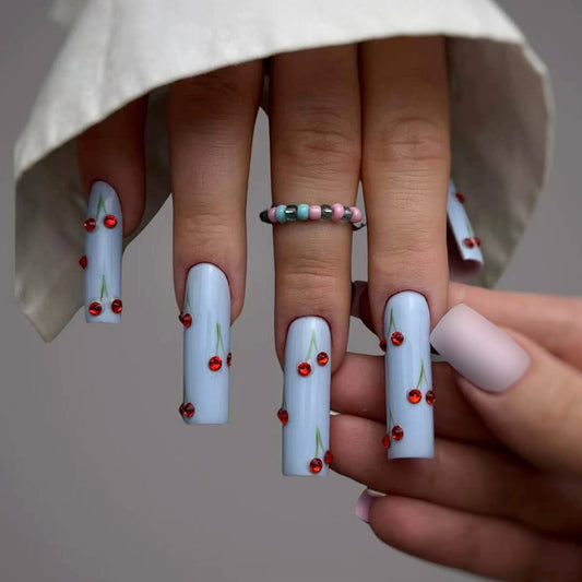 Cherry Blossom Dream Long Square Light Blue Press On Nails with Floral Design and Rhinestone Accents