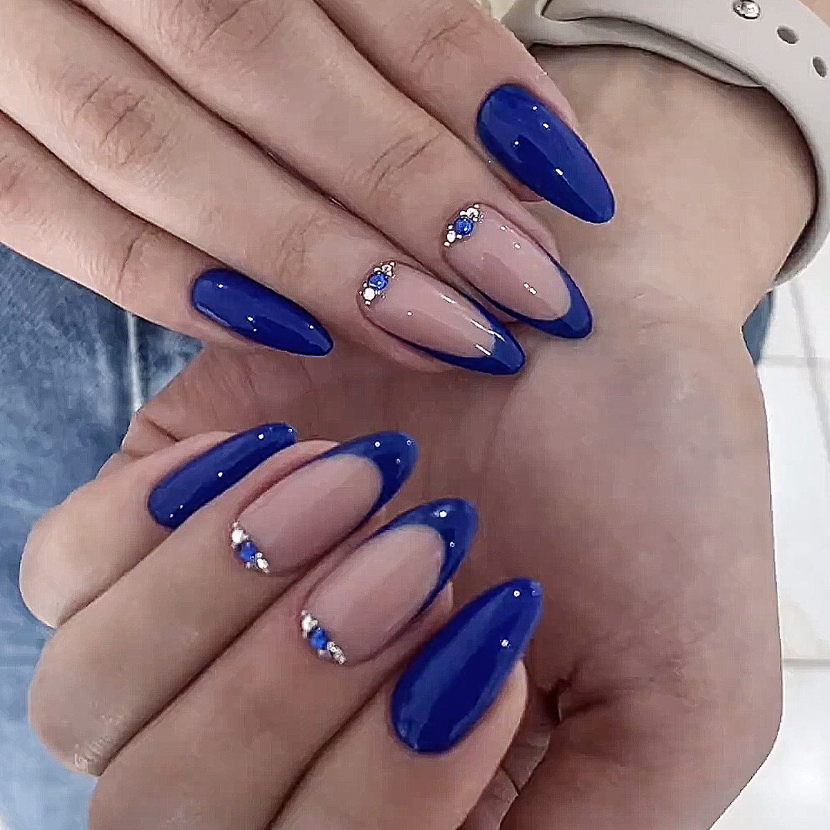 Nautical Vibes Long Almond Blue Press On Nail Set with Elegant Rhinestone Accents