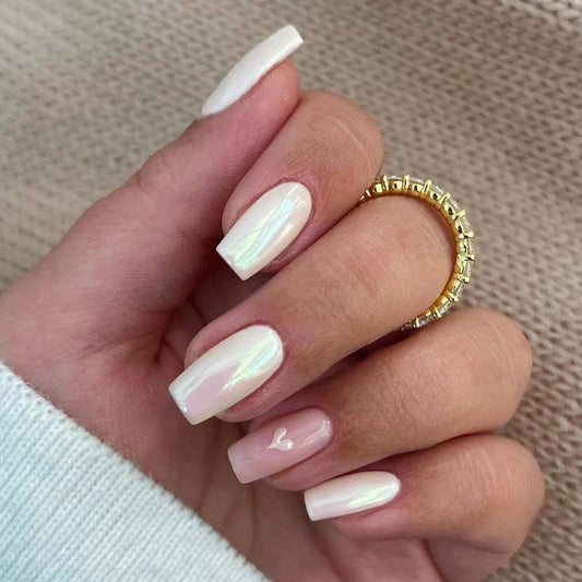 Chic Elegance Long Square Glossy White Press On Nail Set with Heart Accent Design