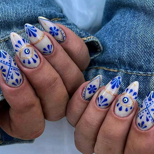 Bohemian Dream Long Almond Blue and White Floral Press On Nail Set with Eye-Catching Gold Accents