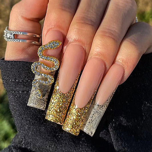 Glamorous Gold Snake Theme Long Square Press On Nail Set in Clear Glitter with Unique Snake Accent