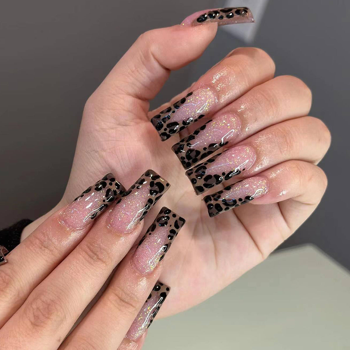 Glamorous Safari Long Square Press On Nails in Pink with Black Leopard Print and Glitter Finish