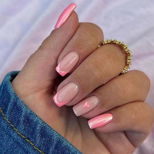 Charming Pastel Paradise Long Square Pink and Clear Press On Nail Set with Heart Accent