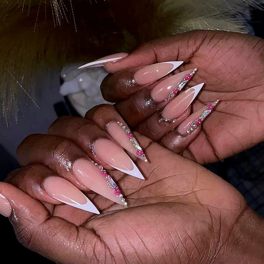 Glamorous Night Out Long Stiletto Shaped Beige White and Pink Rhinestone Press On Nail Set