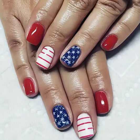 Patriotic Celebration Short Square Red Blue and White Press On Nail Set with Star and Stripe Design