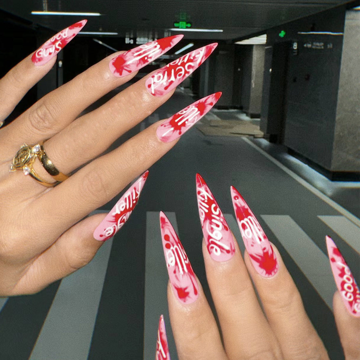 Glamorous Gothic Stiletto Acrylic Press On Long Nails in Red and Pink Featuring Unique Textured Design