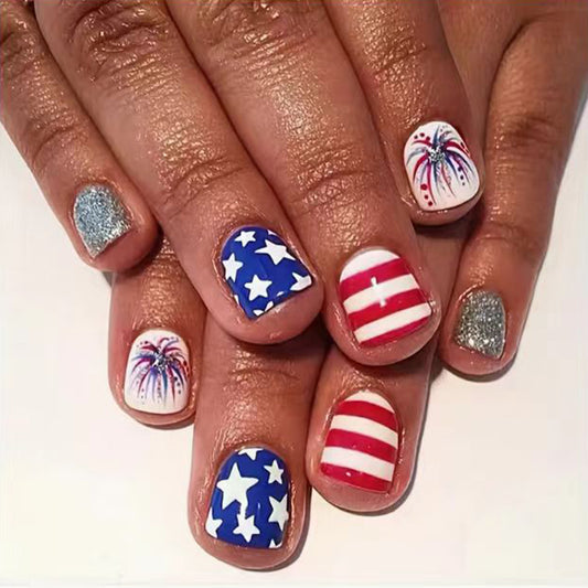 Patriotic Celebration Short Round Red Blue Silver Glitter Press On Nail Set with Star and Firework Designs