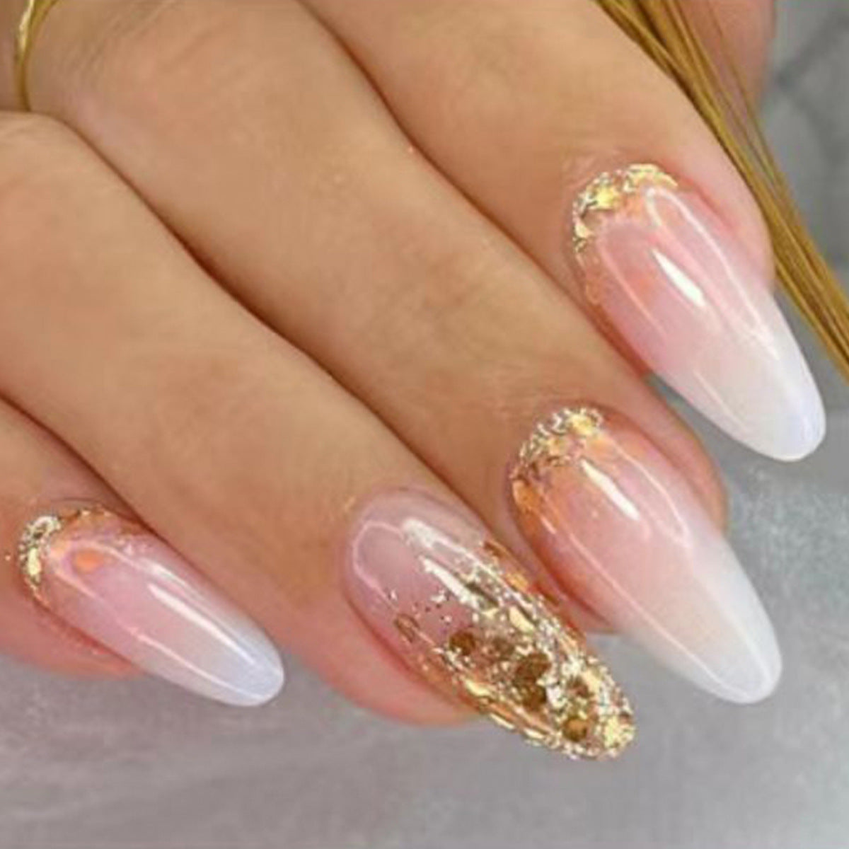 Glamorous Fairytale Long Almond Ombre Pink Press On Nail Set with Glittering Gold Accents