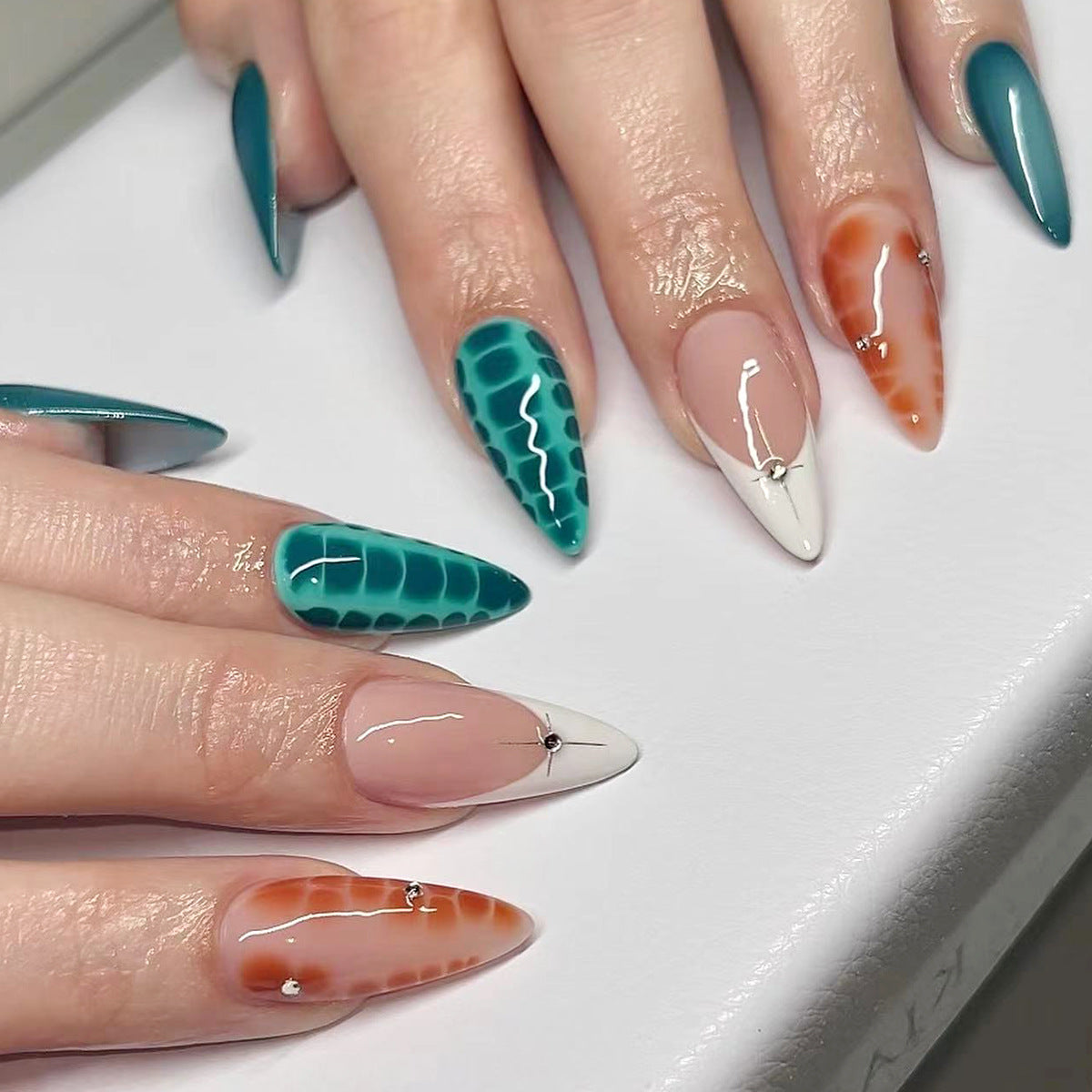 Ocean Dazzle Long Stiletto Press On Nail Set Aqua Green White Coral with Unique Texture and Gem Accents