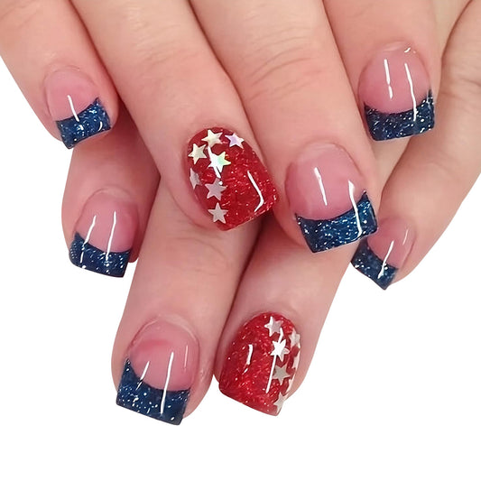 Patriotic Sparkle Short Square Red Blue Glitter Press On Nail Set with Star Accents