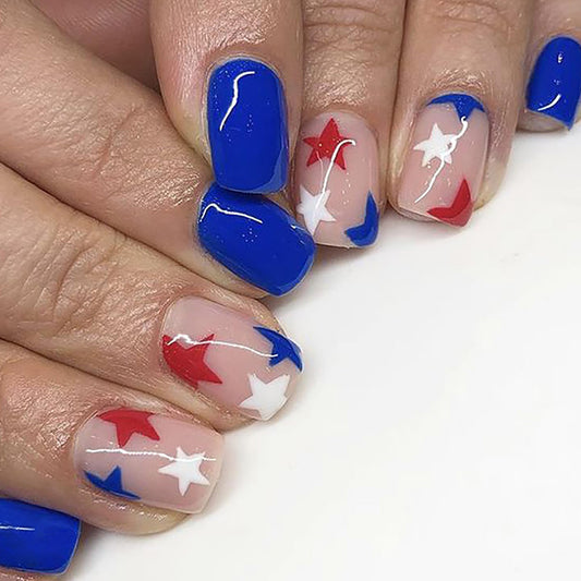 Patriotic Celebration Medium Square Blue Red and White Star Design Press On Nail Set