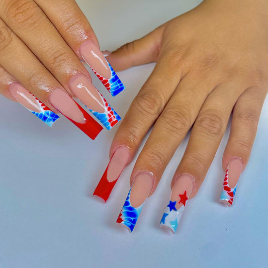 Patriotic Freedom Fantasy Extra Long Square Red and Blue Press On Nail Set with Starry Accent Design