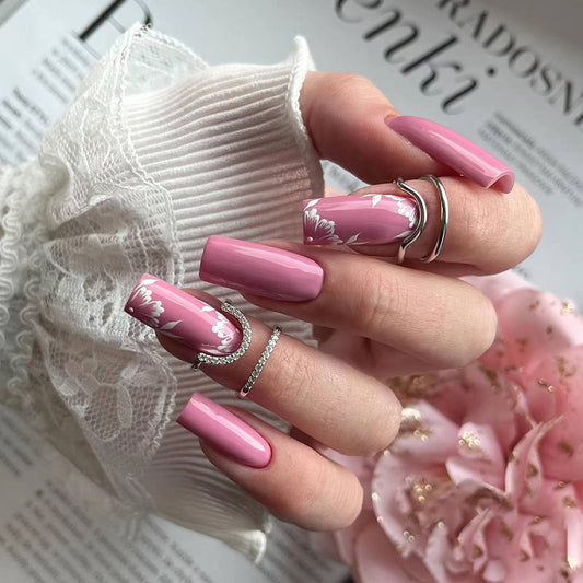 Blossom Elegance Long Square Press On Nail Set in Soft Pink with Floral Design Details