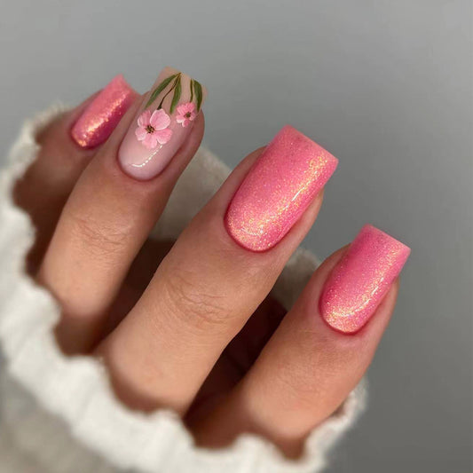 Blossom Dreams Long Square Pink Glitter Press On Nail Set with Floral Accent Design