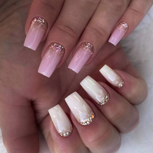 Chic Elegance Long Square Pink and White Ombre Press On Nail Set with Glitter Accents