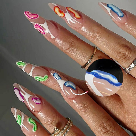Artistic Elegance Long Stiletto Glossy Beige Nail Set with Colorful Swirl Design