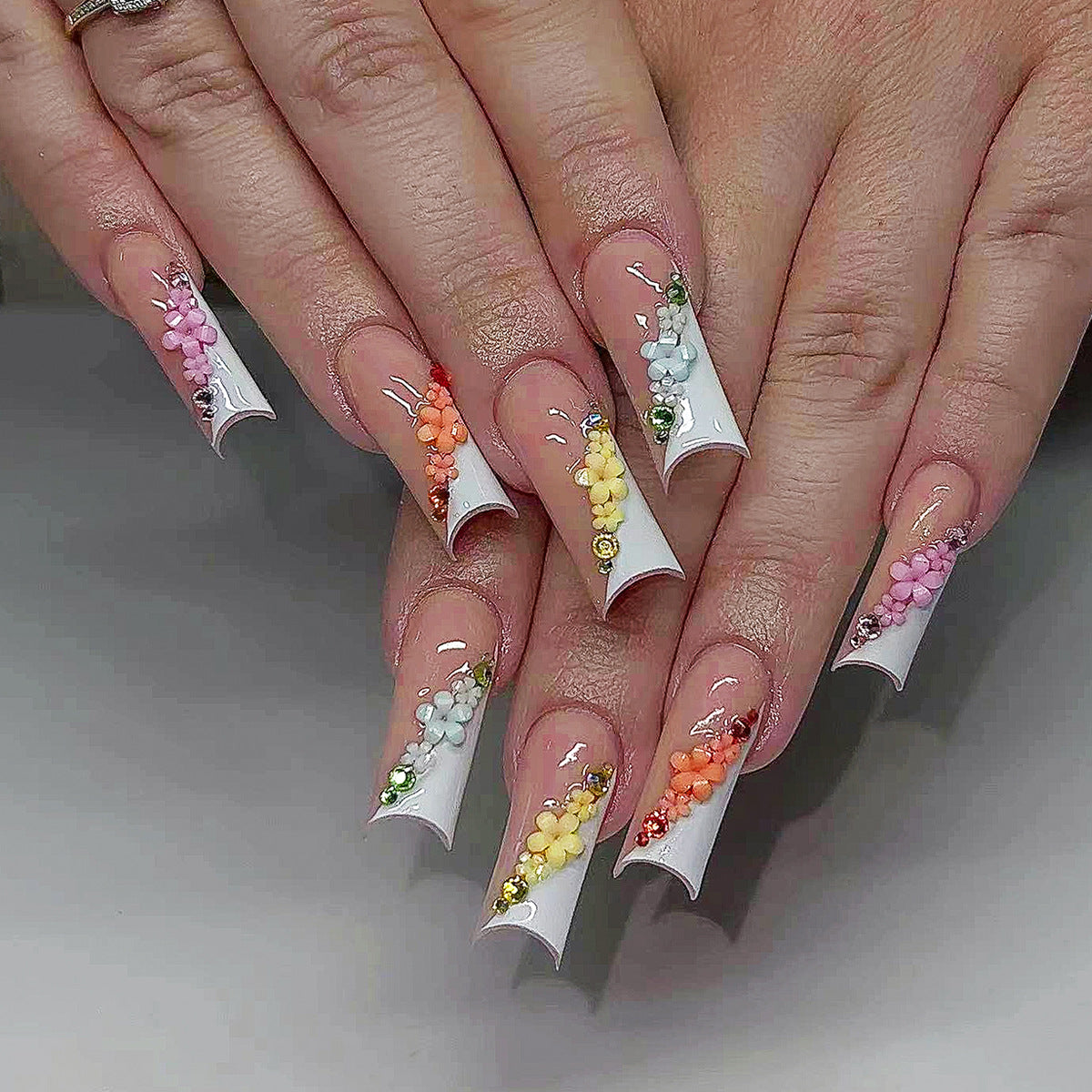 Blooming Elegance Long Square White Press On Nail Set with Colorful Floral Accents