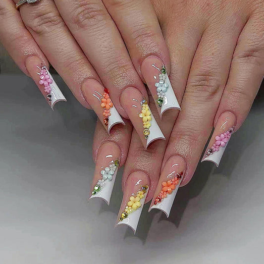 Blooming Elegance Long Square White Press On Nail Set with Colorful Floral Accents