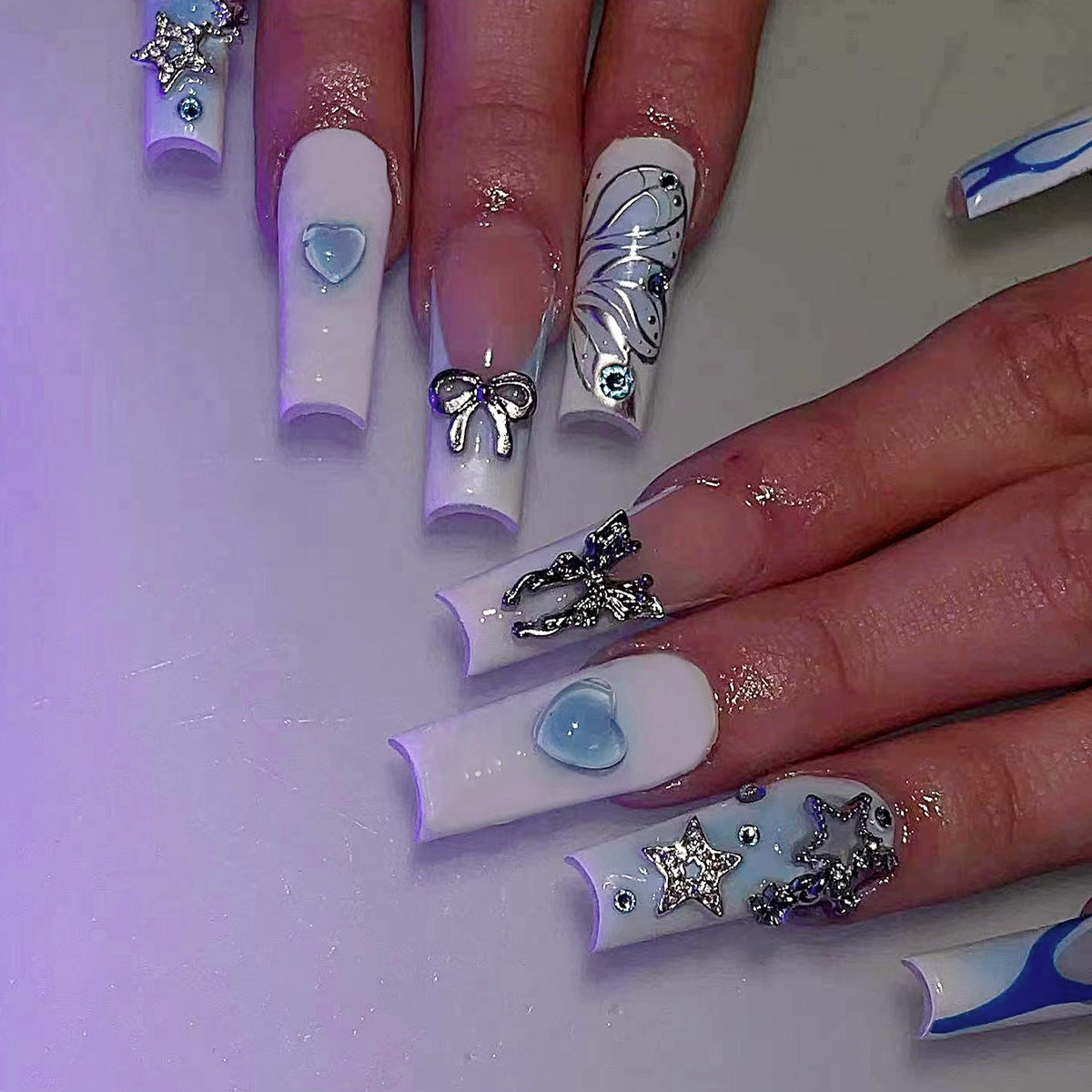 Enchanted Ocean Long Coffin Blue and White Press On Nail Set with Glittering Starfish and Bow Accents