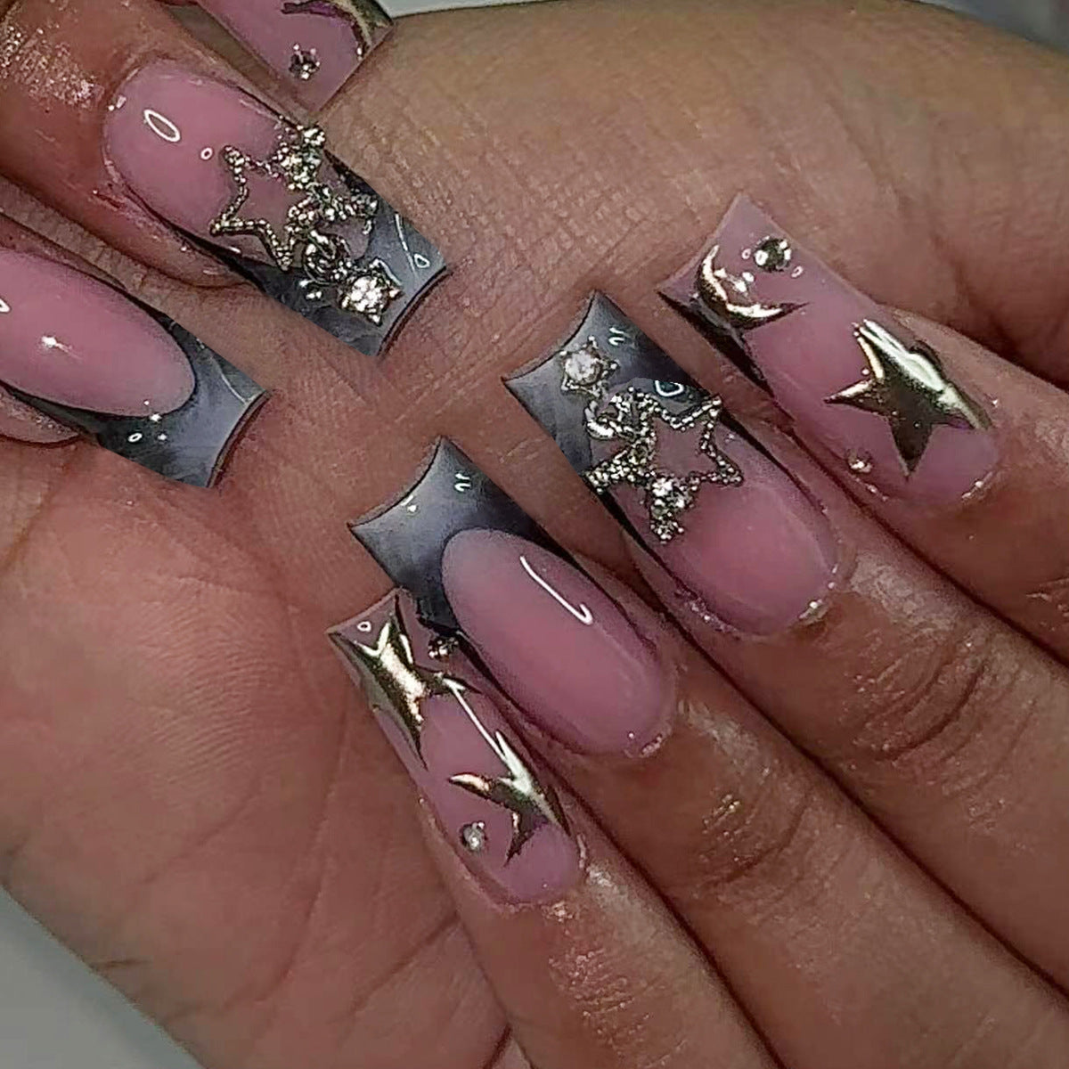 Celestial Glam Press On Nail Set Long Square Pink and Gray with Star and Gemstone Accents