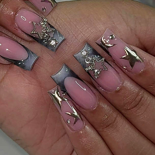 Celestial Glam Press On Nail Set Long Square Pink and Gray with Star and Gemstone Accents