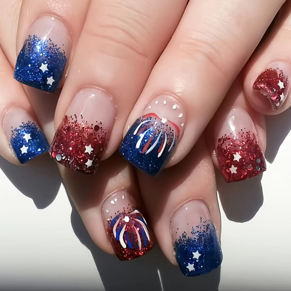 Patriotic Celebration Short Square Press On Nail Set Blue and Red Glitter with Firework Design