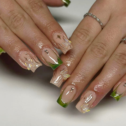 Garden Dreams Long Square Press On Nail Set in Olive Green and Beige with Sparkling Floral Accents