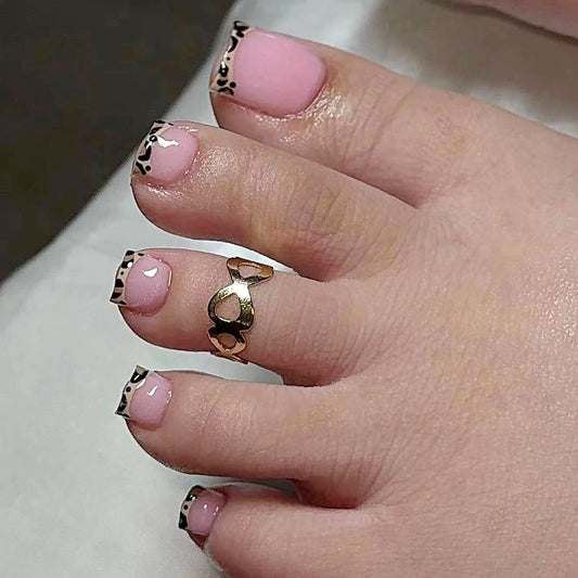 Safari Chic Short Square Pink Press On Nail Set with Leopard Print Tips and Gold Accent Ring