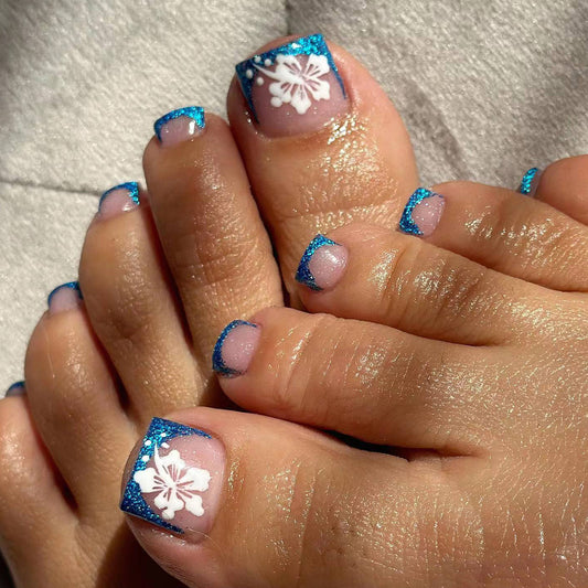 Tropical Bliss Short Square Blue Glitter Press On Nail Set with Elegant White Floral Design