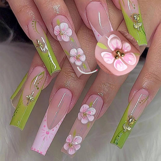 Spring Bloom Extra Long Square Press On Nail Set in Soft Pink and Fresh Green with Floral Accents and Gold Details