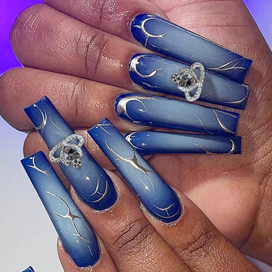 Celestial Dream Blue Long Coffin Press On Nail Set with Glittering Accent Rings and Ombre Design