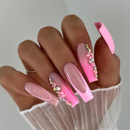 Dreamy Blossom Long Coffin Pink Ombre Press On Nail Set with Gemstone Accents