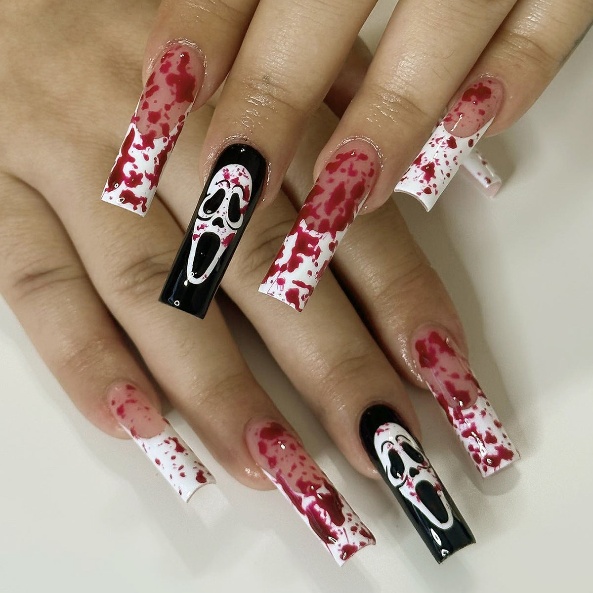 Spooktacular Long Sassy Square Red Black And White Press On Nail Set With Halloween Inspired Design