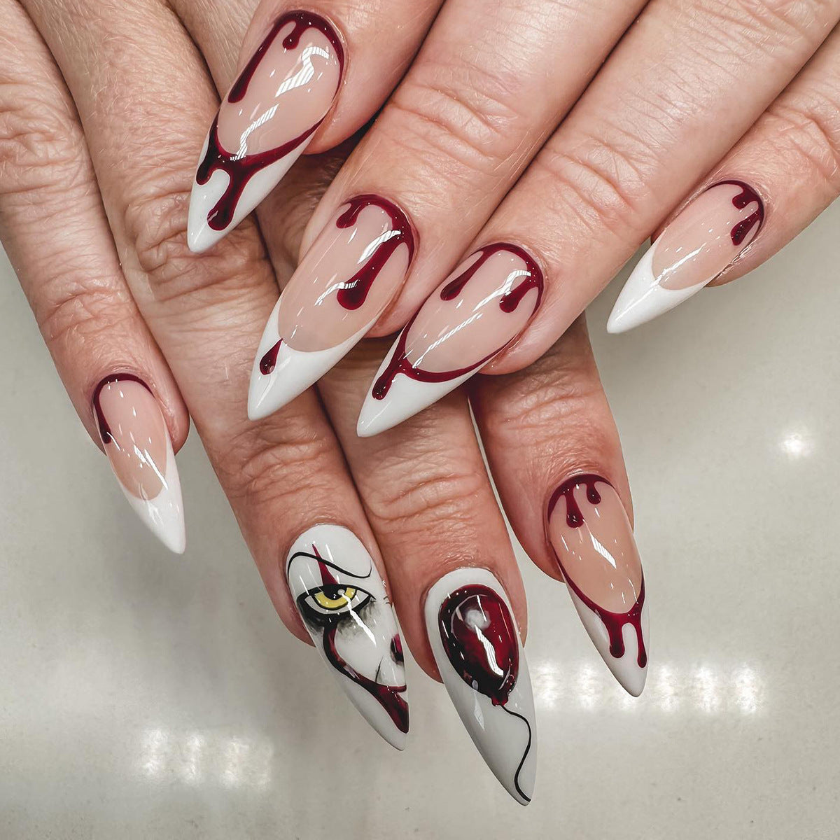 Creepy Carnival Long Stiletto White and Red Press On Nail Set with Dripping Blood Design