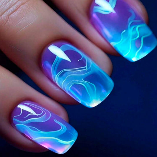 Ocean Breeze Dream Press On Nails Long Square Purple and Blue with Swirling Watercolor Design