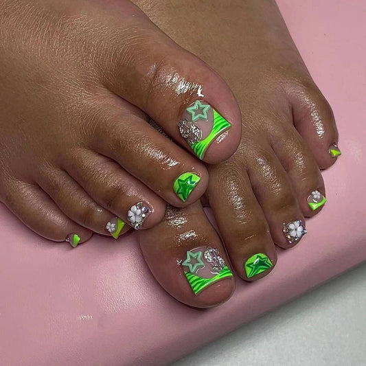 Bright Summer Paradise Green Square Short Press On Nail Set with Star and Flower Designs