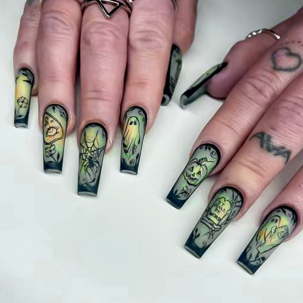 Spooky Halloween Long Coffin Black and Green Press On Nail Set with Creepy Designs