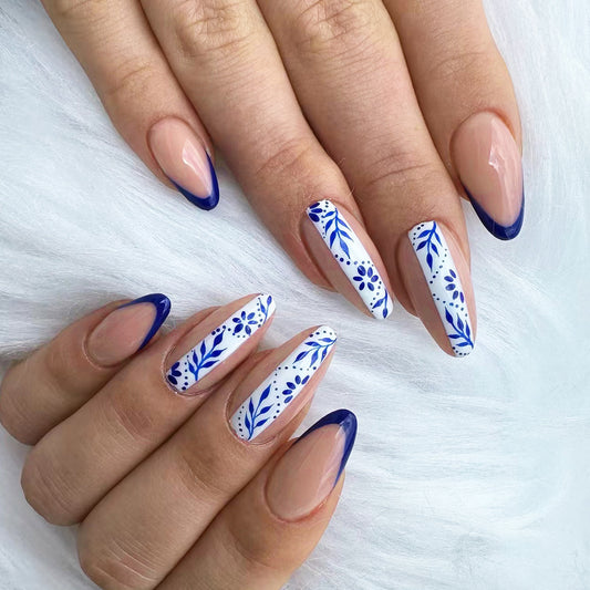 Elegant Floral Fantasy Long Almond Blue and White Press On Nail Set with Hand-Painted Flower Design