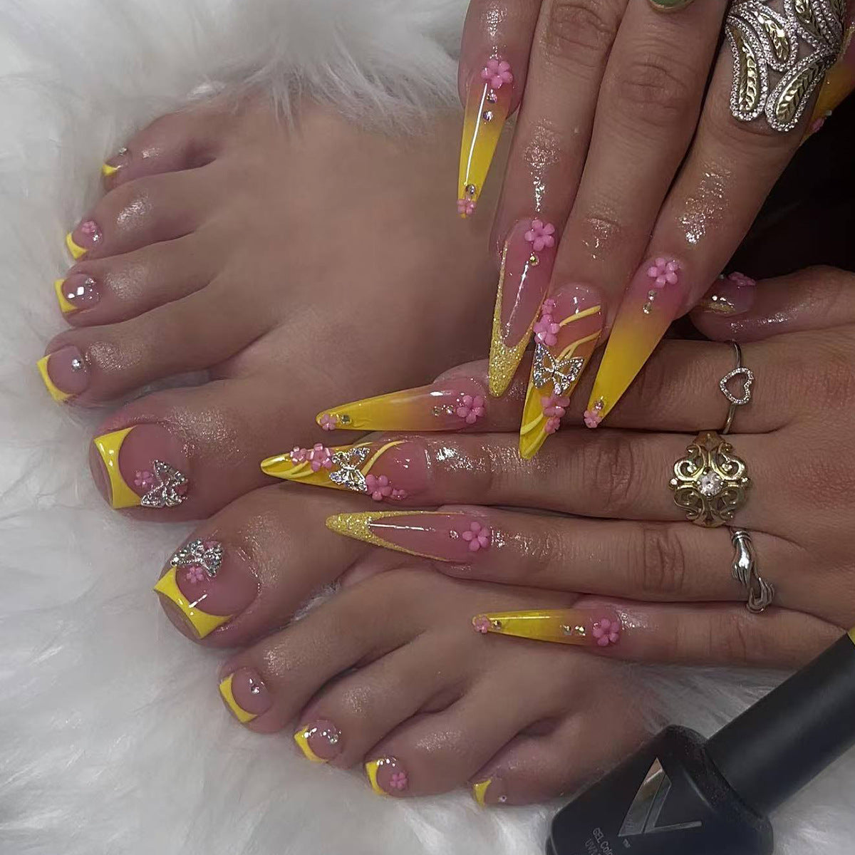 Sunshine Bliss Long Stiletto Yellow Gradient Press on Nail Set with Floral Accents