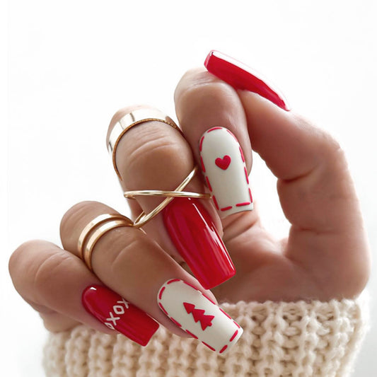 Cozy Winter Vibes Long Square Red and White Press-On Nail Set with Festive designs