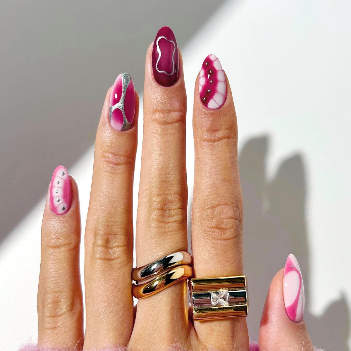 Dreamy Blush Short Almond Shaped Pink Nail Set with Whimsical Abstract Art