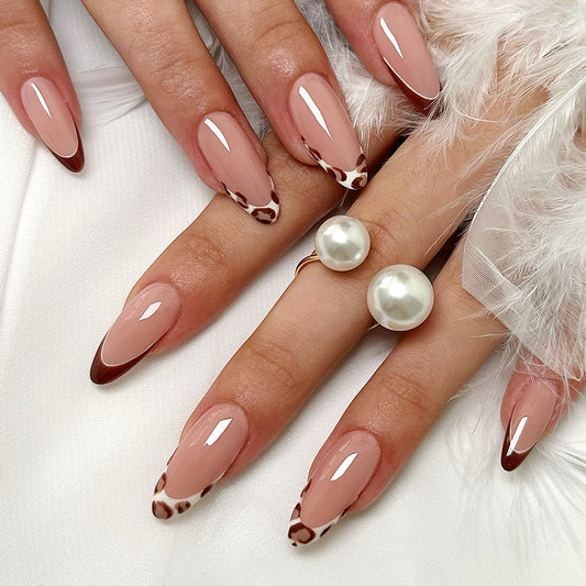 Wild Safari Elegant Medium Almond Shaped Beige and brown press on nail set with animal print accents
