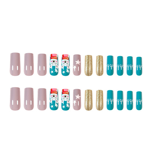Festive Winter Wonderland Medium Square Soft Pink and Vibrant Teal with Glitter and Whimsical Character Design Press On Nail Set