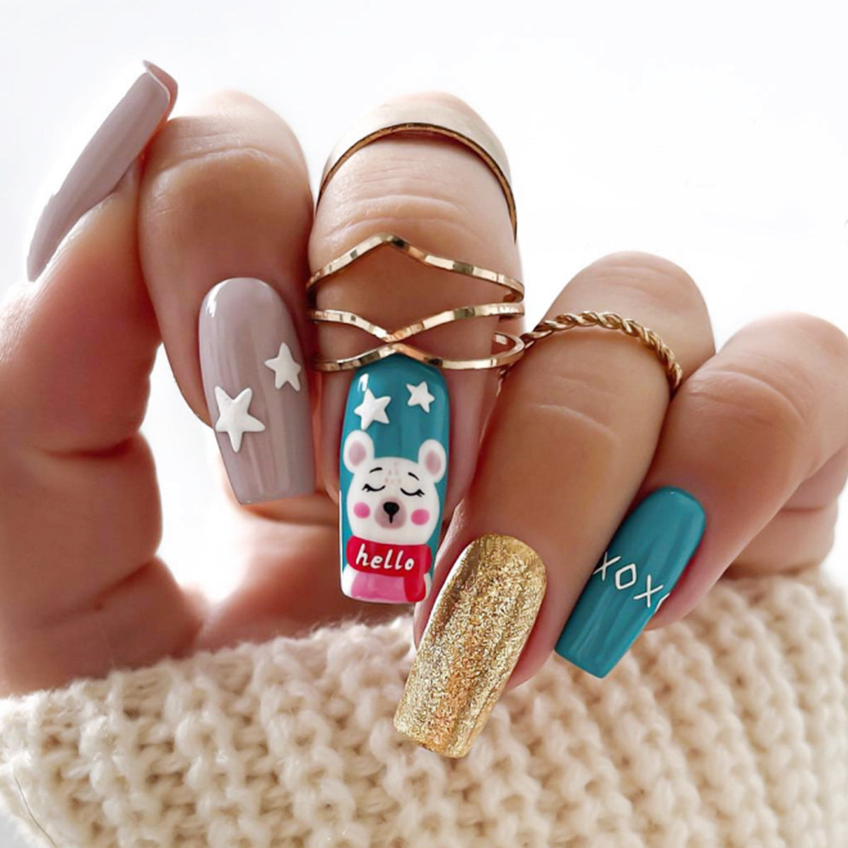 Whimsical Wonderland Medium Square Multi-colored Press On Nail Set with Cheerful Bear Design and Glitter Accents